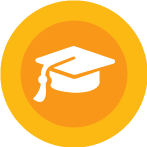 Orange circle icon with a white cap and tassel in the center